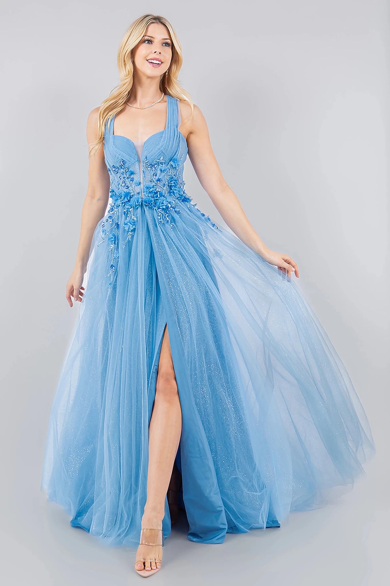 Dusty Blue prom dress with sheer boned corset bodice