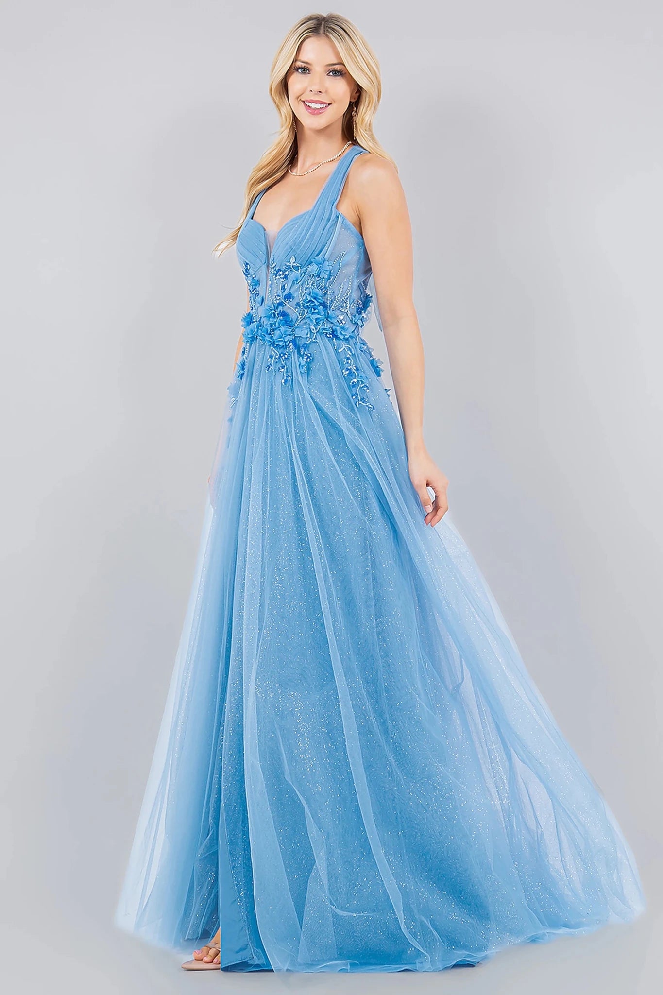 Dusty Blue prom dress with sheer boned corset bodice and layered tulle skirt