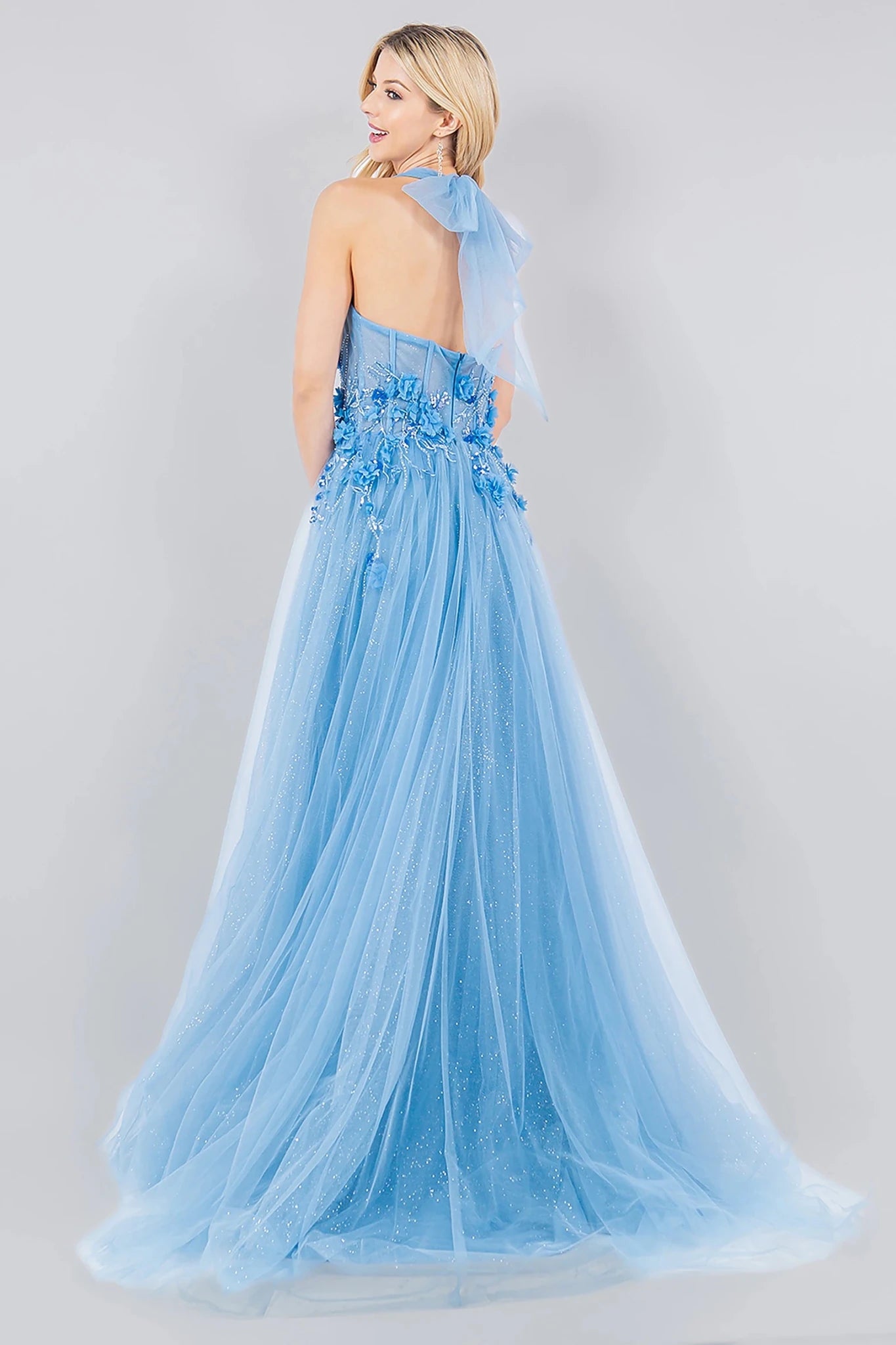 Dusty Blue prom dress completed with zipper back closure for fitted finish