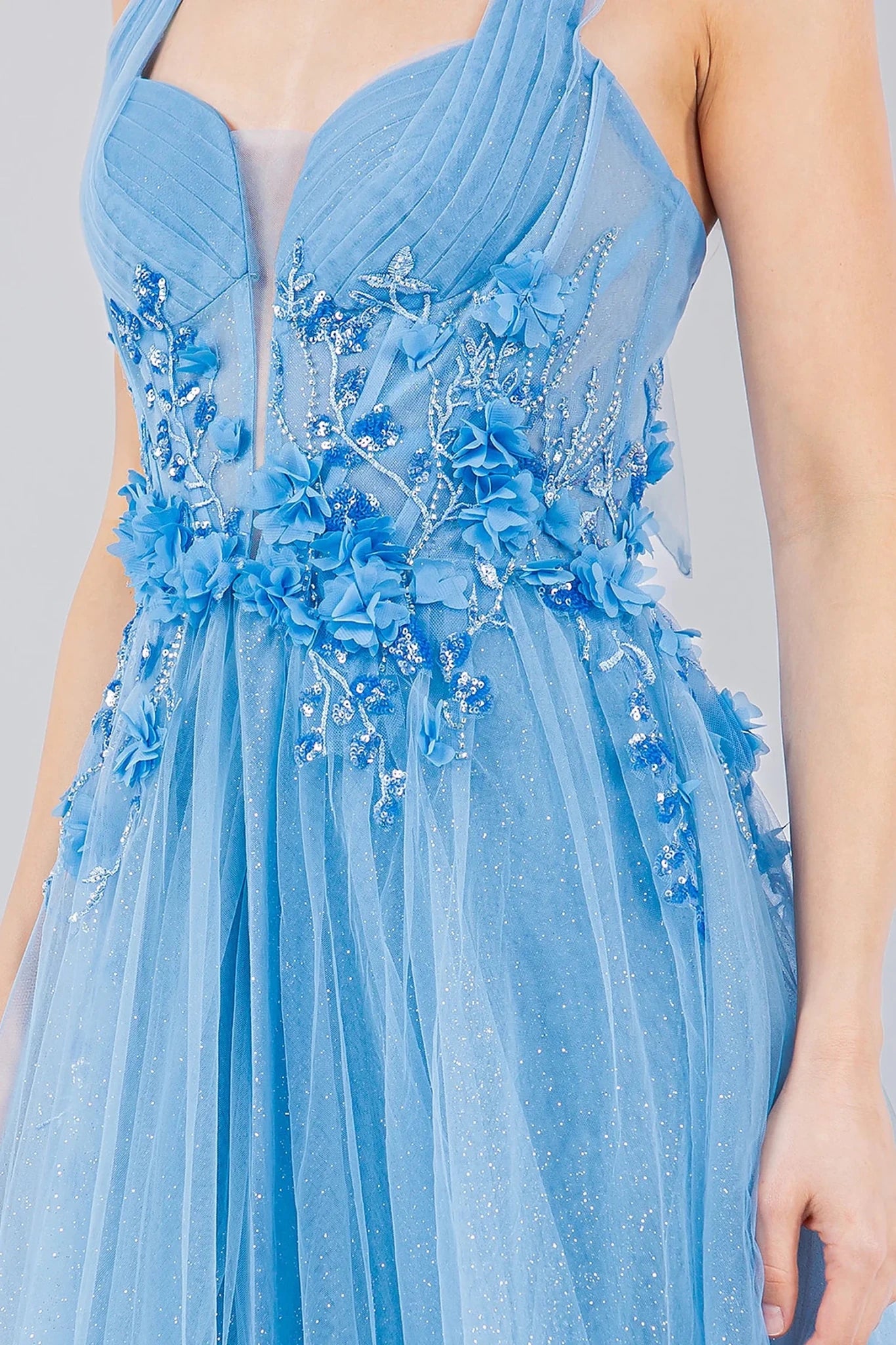 Dusty Blue prom dress featuring floral appliques and sequins