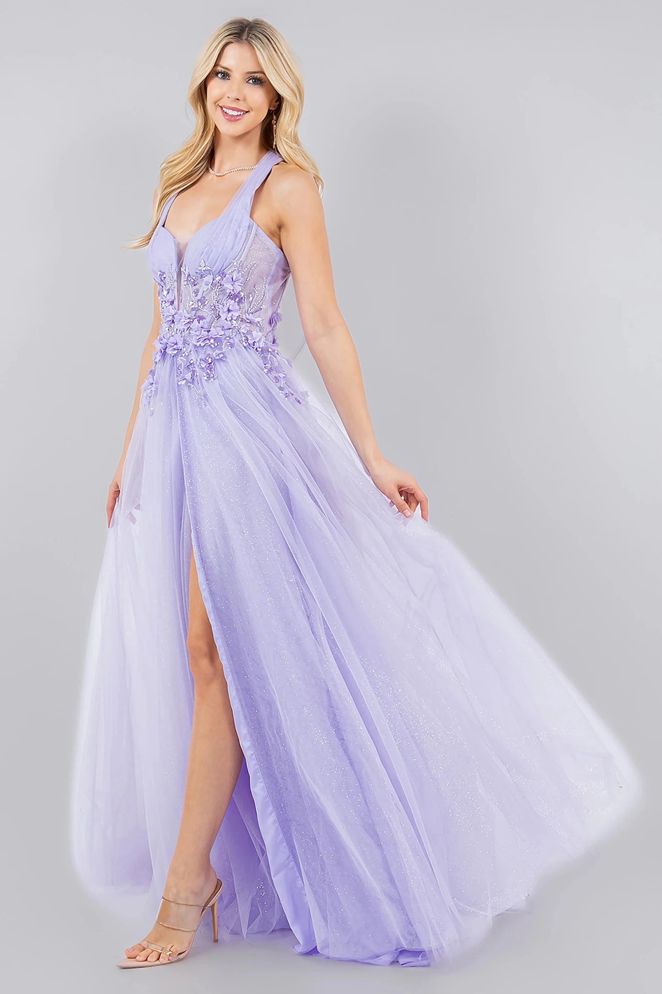 Lilac prom dress with sheer boned corset bodice