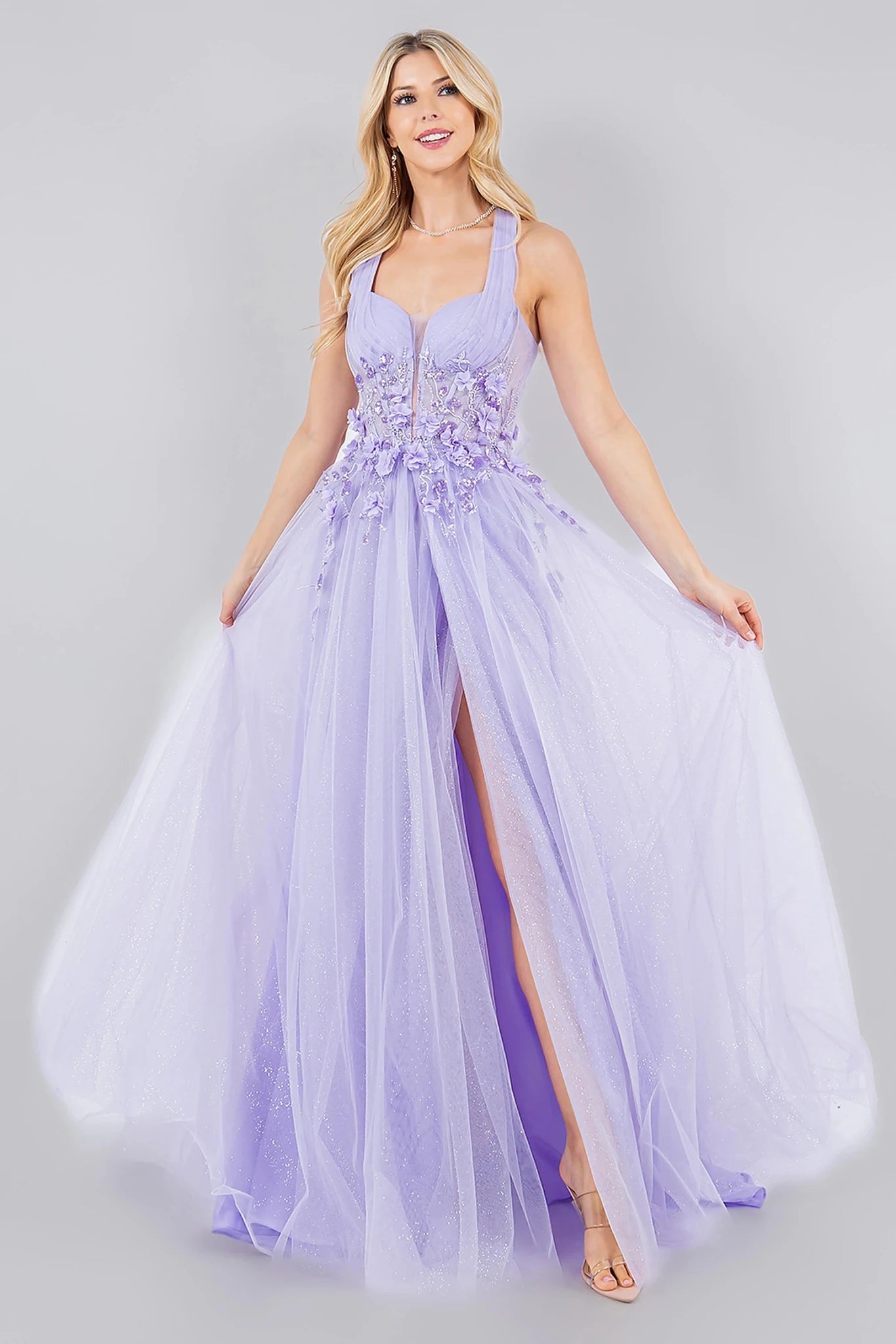 Lilac prom dress showcasing layered tulle with high leg slit skirt