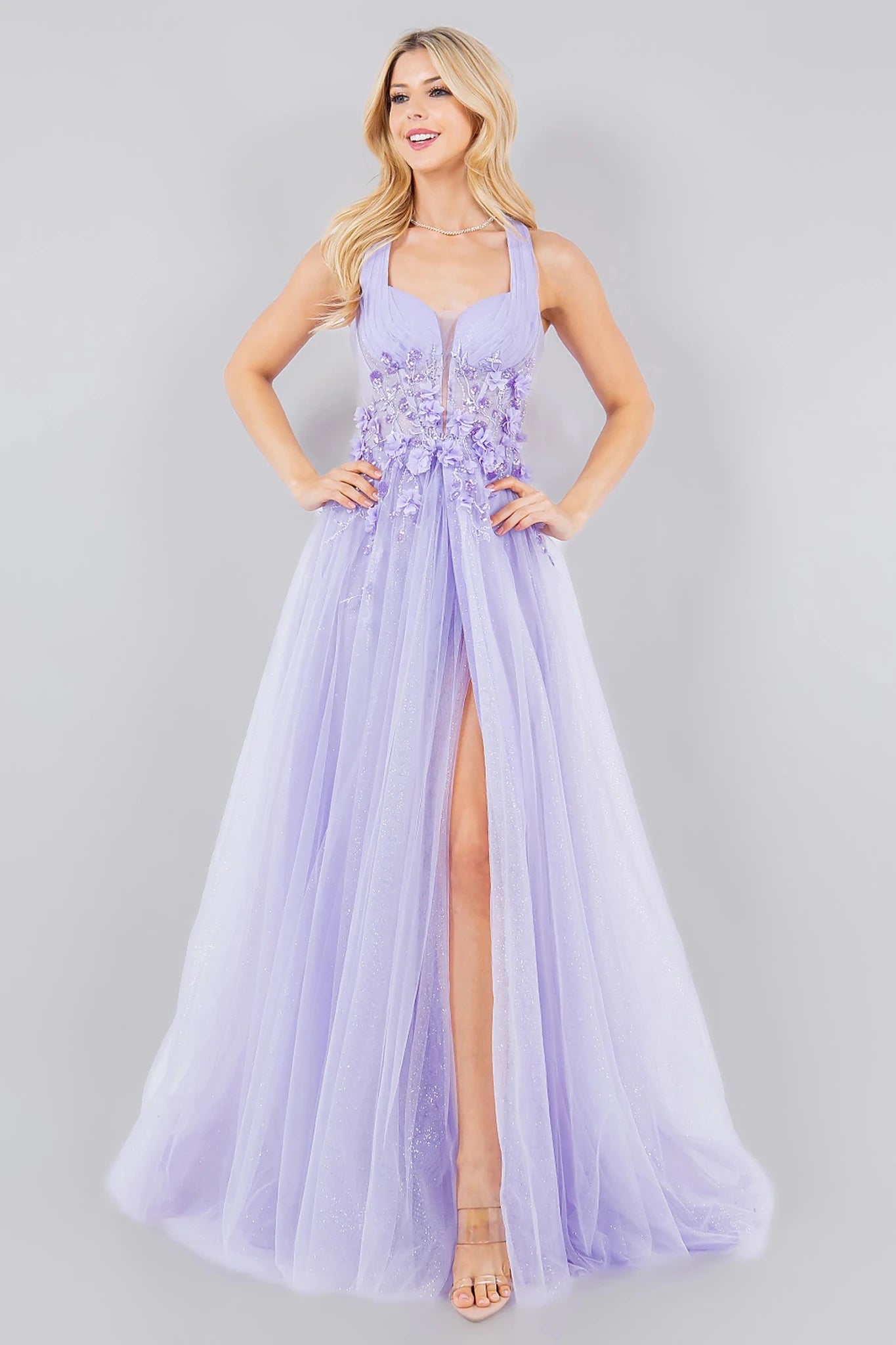 Lilac prom dress with sheer boned corset bodice and layered tulle skirt