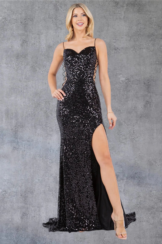 A full-length view of a woman wearing black sequin formal prom dress with zipper closure and fitted silhouette.
