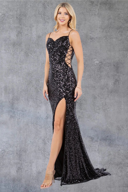 A side profile view of a woman wearing a black sequin prom dress, emphasizing the curve-hugging silhouette and slit.