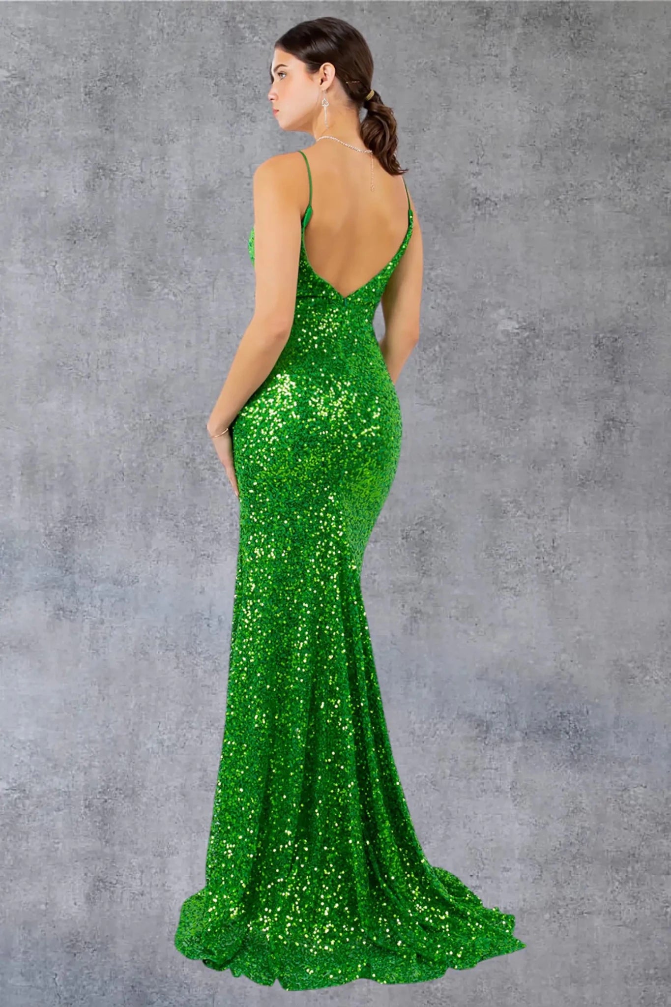 A full back view of a woman wearing a green sequin formal dress with a zipper closure.