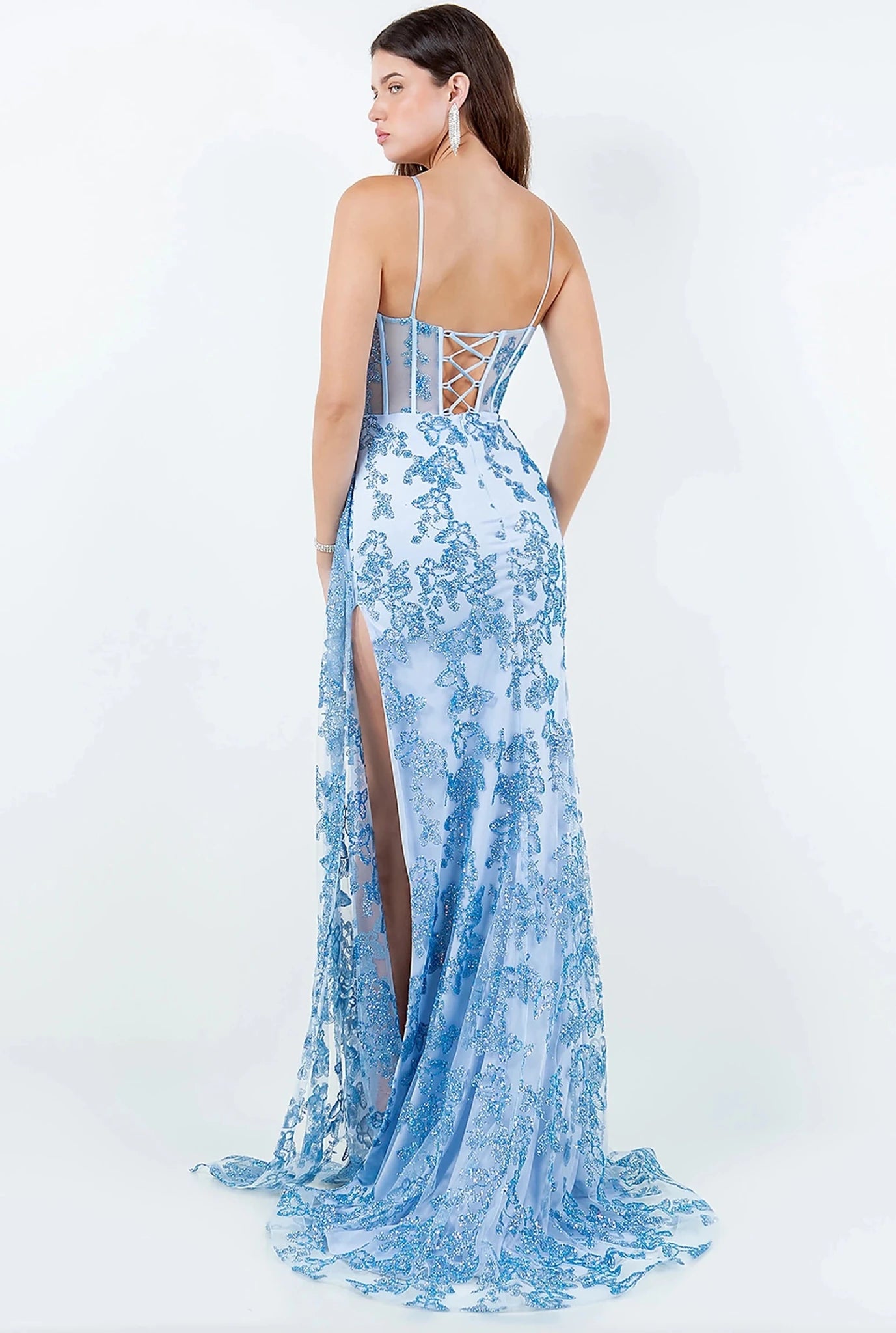Light blue prom dress designed with floor-length silhouette and sweep train