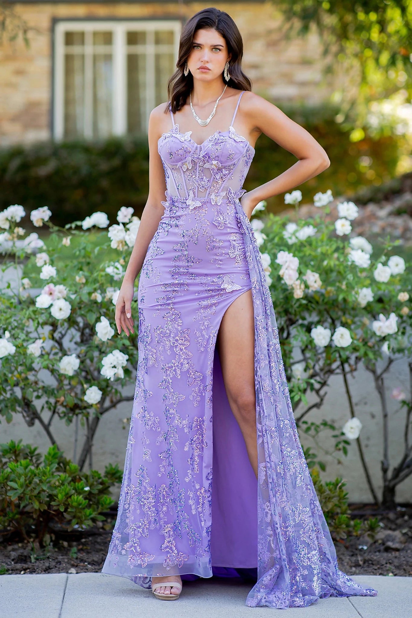 Lilac prom dress with semi-sheer corset and sweetheart bodice