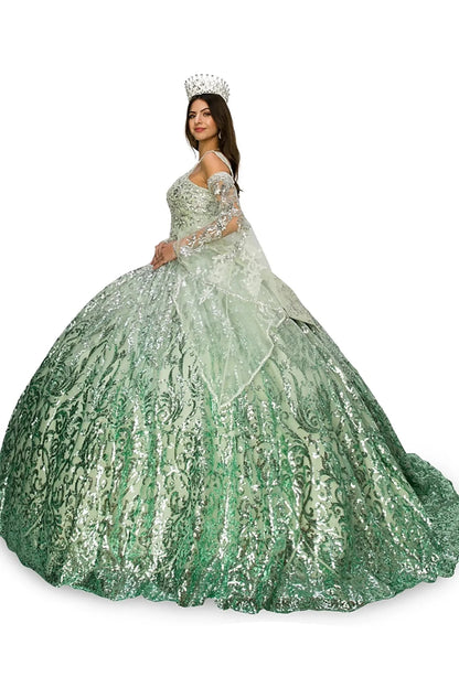 Side view of the bell sleeves sage dress with long train