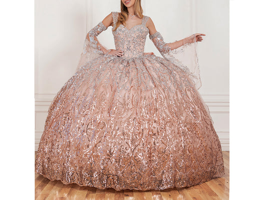 Quinceanera | Rose Crystal beaded Ombre Patterned Sequin Gown with Bell Sleeve, Beautiful Big Bow | Luciana dress  | 2 Colors Available front whole