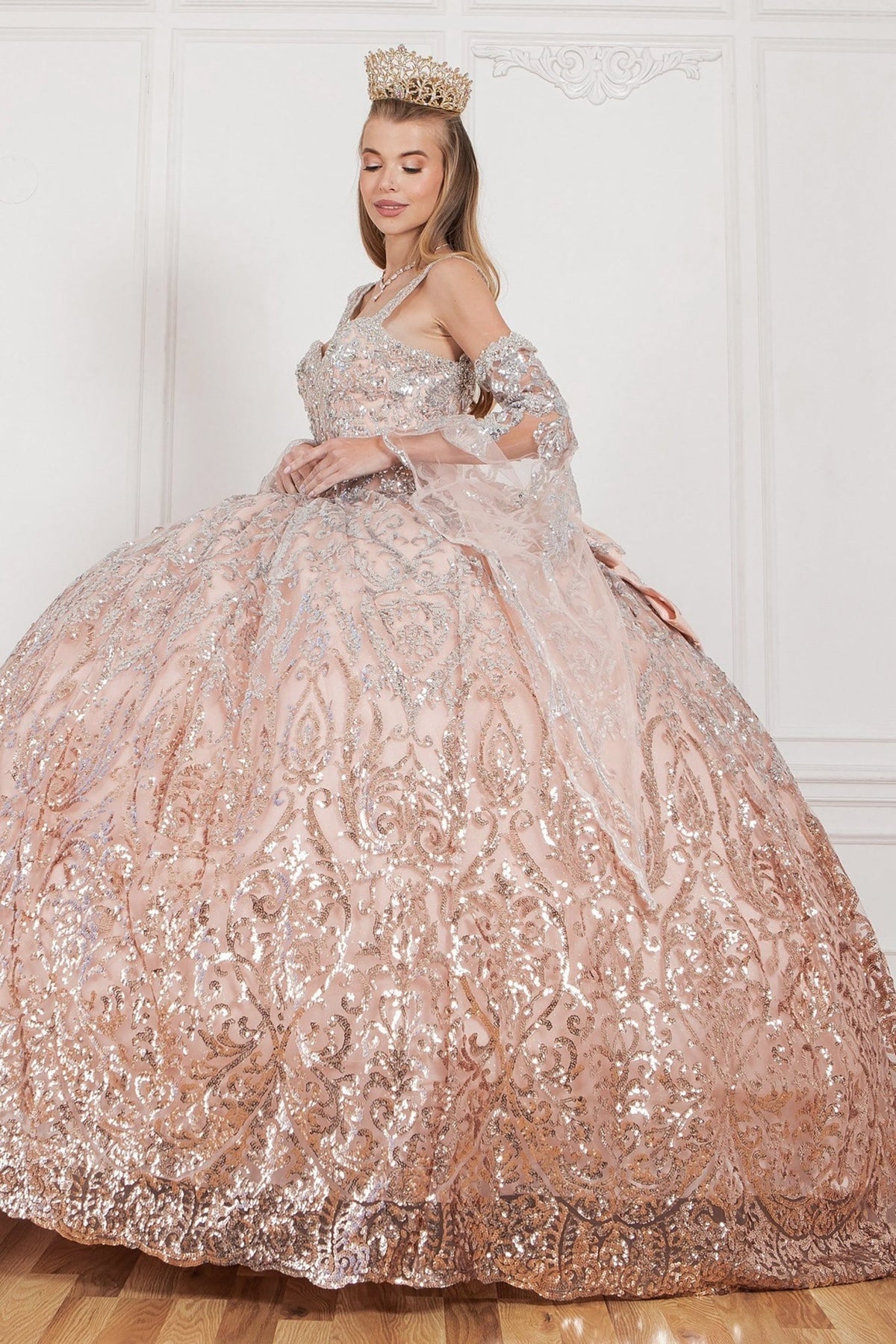Peach Blush Quinceañera Dress with Crystal Beading, Ombre Sequins, Bell Sleeves and Big Bow