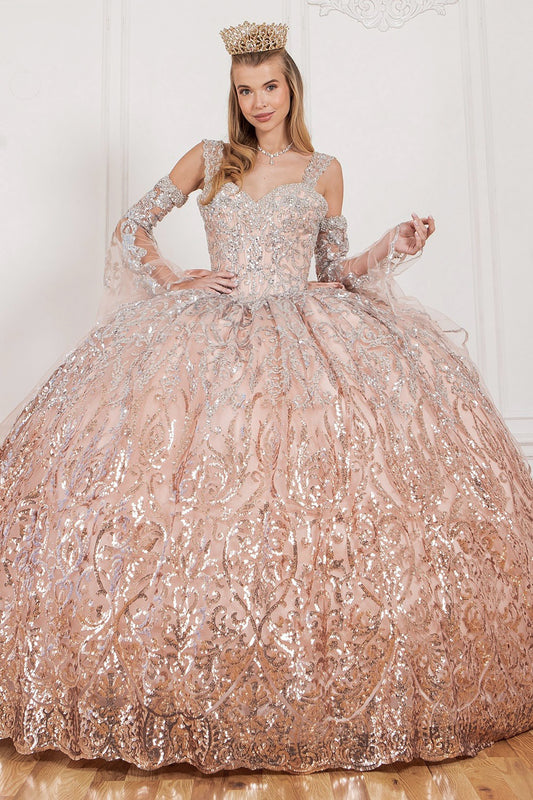 Peach Blush Crystal beaded Ombre Patterned Sequin Gown with Bell Sleeves, Beautiful Big Bow front view