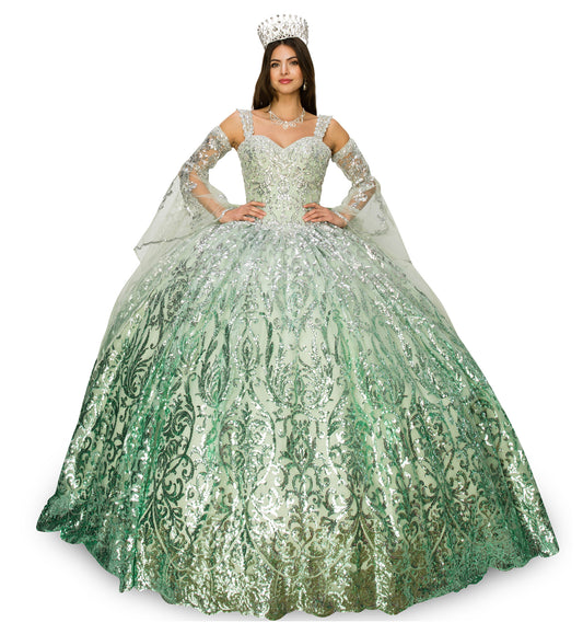 Quinceanera | Sage Crystal beaded Ombre Patterned Sequin Gown with Bell Sleeves, Beautiful Big Bow | Luciana dress front view