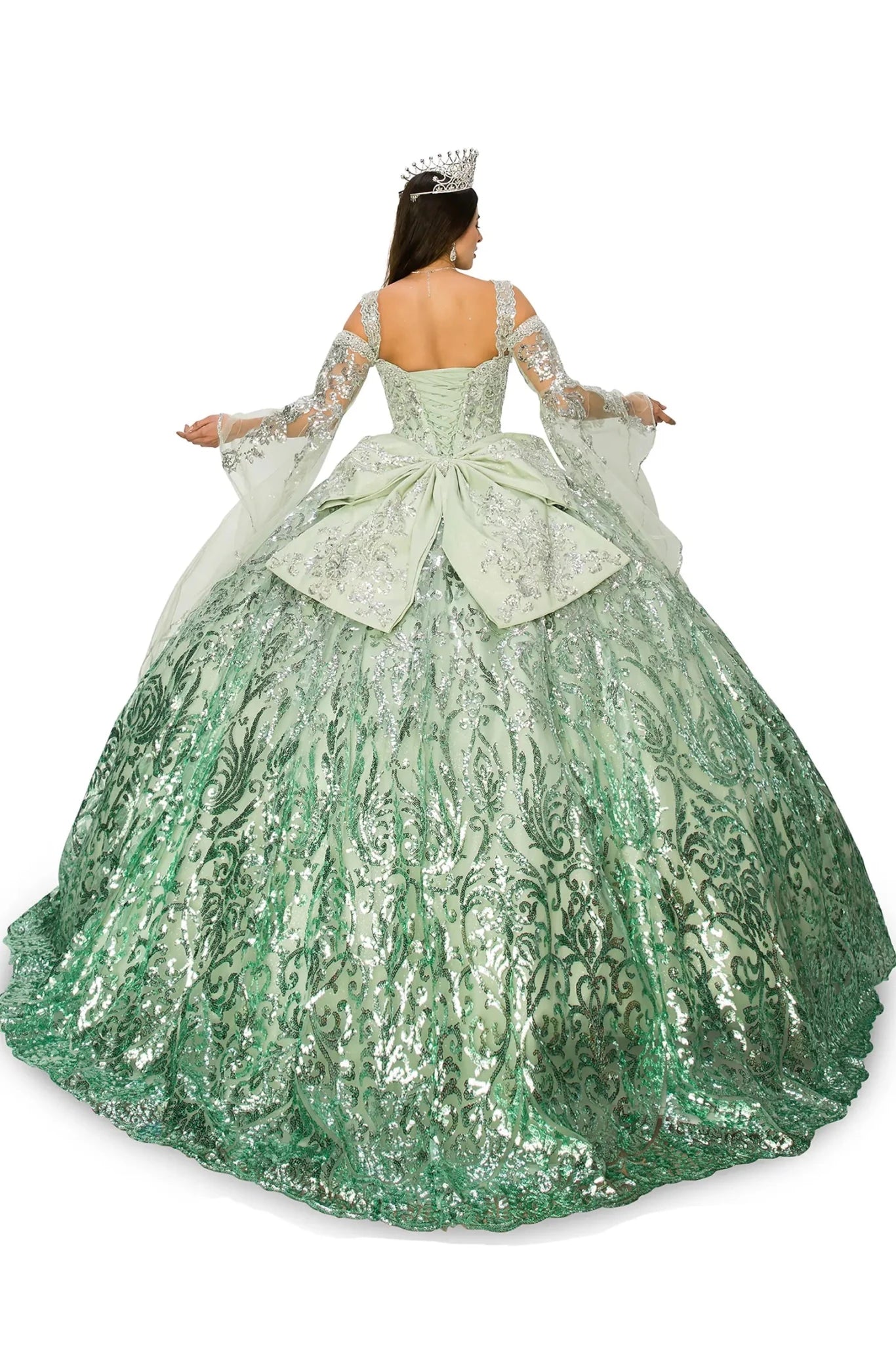 showing the back of the green beaded Ombre Patterned Sequin Gown with Bell Sleeves, Beautiful Big back Bow