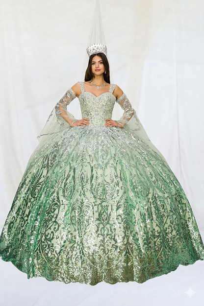 Woman in a green and silver sequin embroidery all over formal quinceanera ball gown and detachable  sequin embroidery long sleeves
