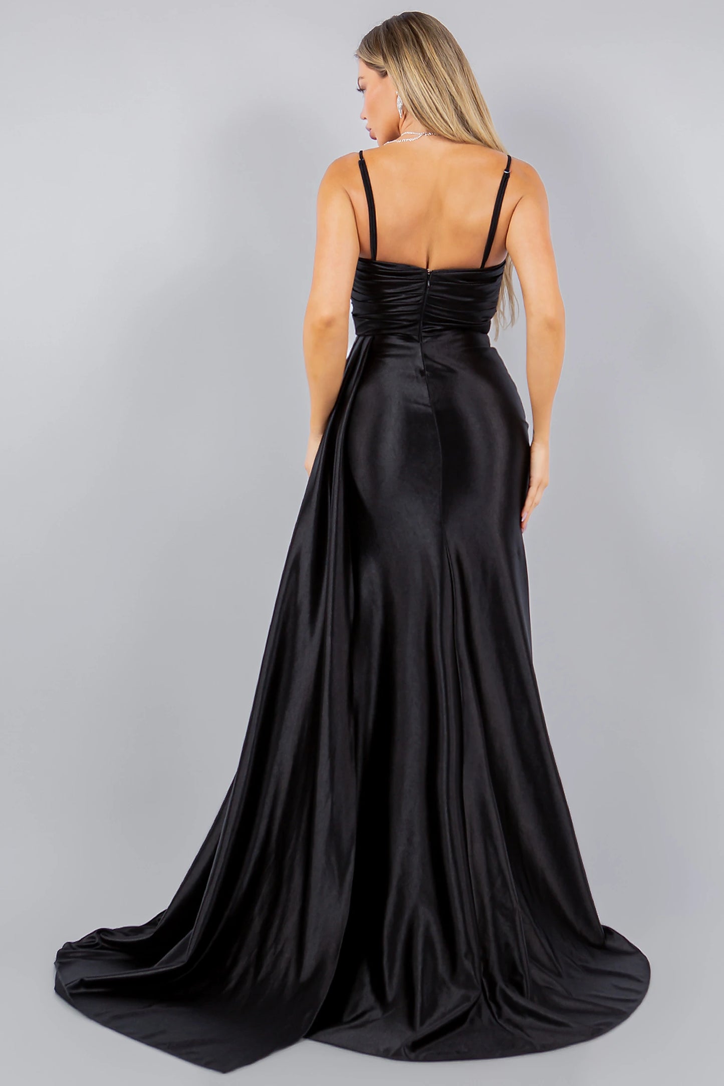 Black evening dress designed with zipper back closure and structured fit