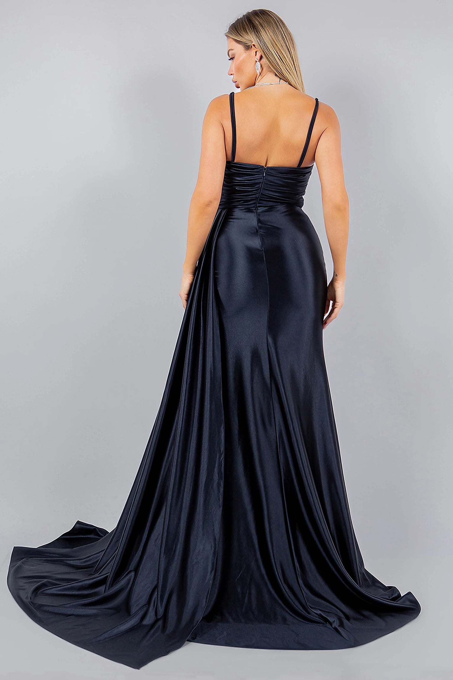 Navy evening dress designed with zipper back closure and structured fit