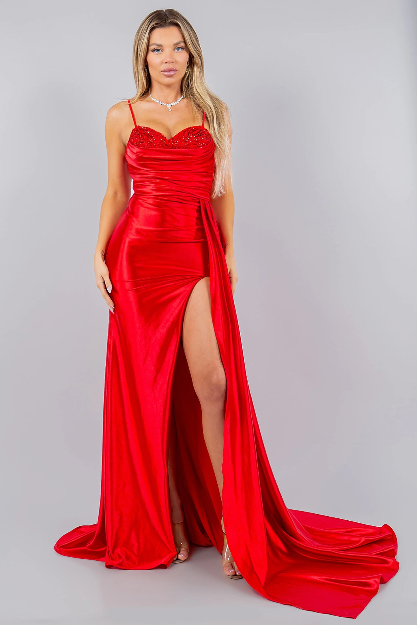 Red evening dress with sweetheart neckline and spaghetti straps