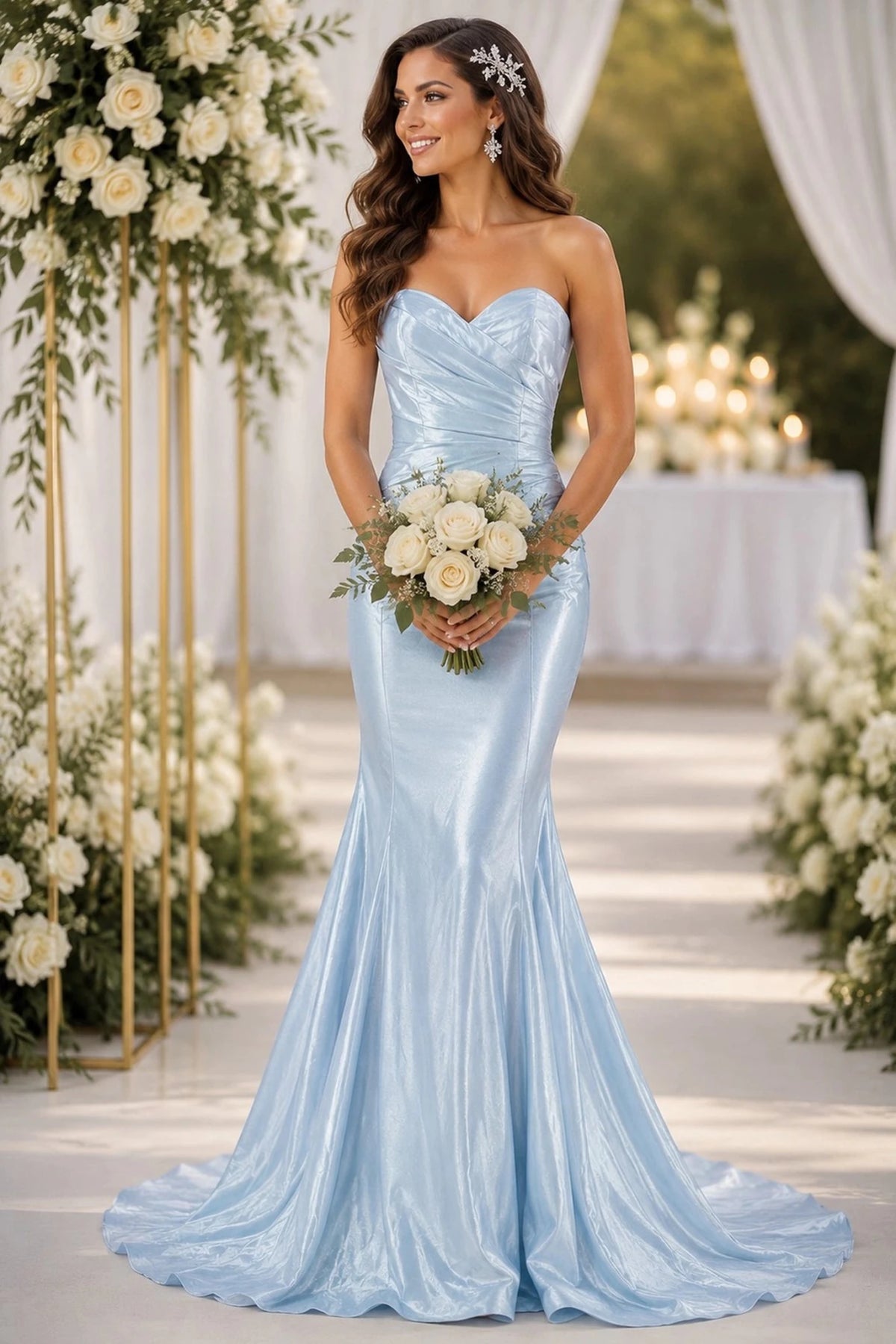 Intricate features stand out across strapless light blue satin mermaid-style evening gown with a sweetheart neckline.
