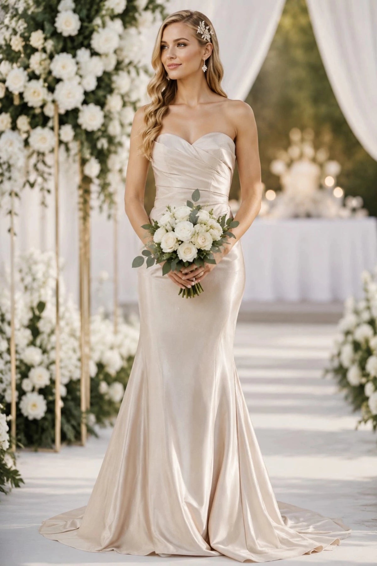Detailed view highlights strapless champagne satin mermaid gown.