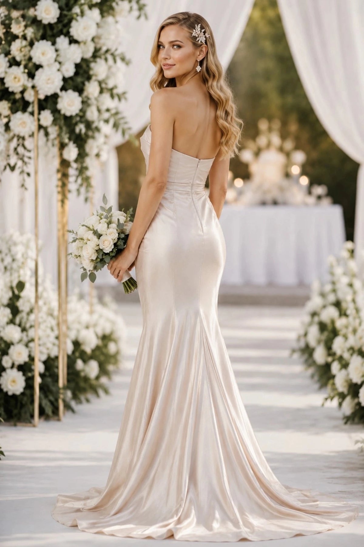 Rear view reveals strapless satin mermaid-style Champagne formal gown with a low open zipper back and long train.