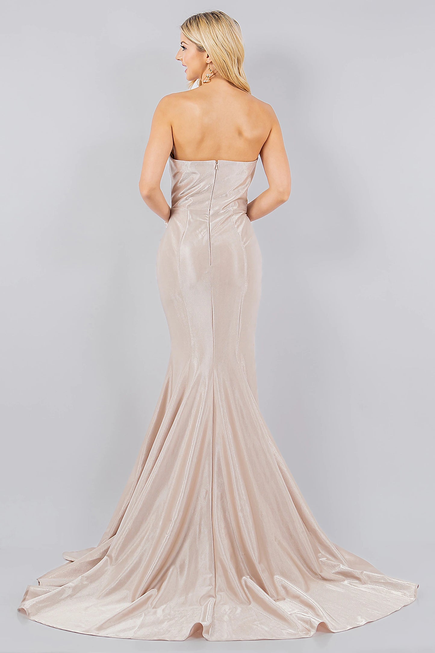 Champagne prom dress designed with glossy stretch satin and zipper closure