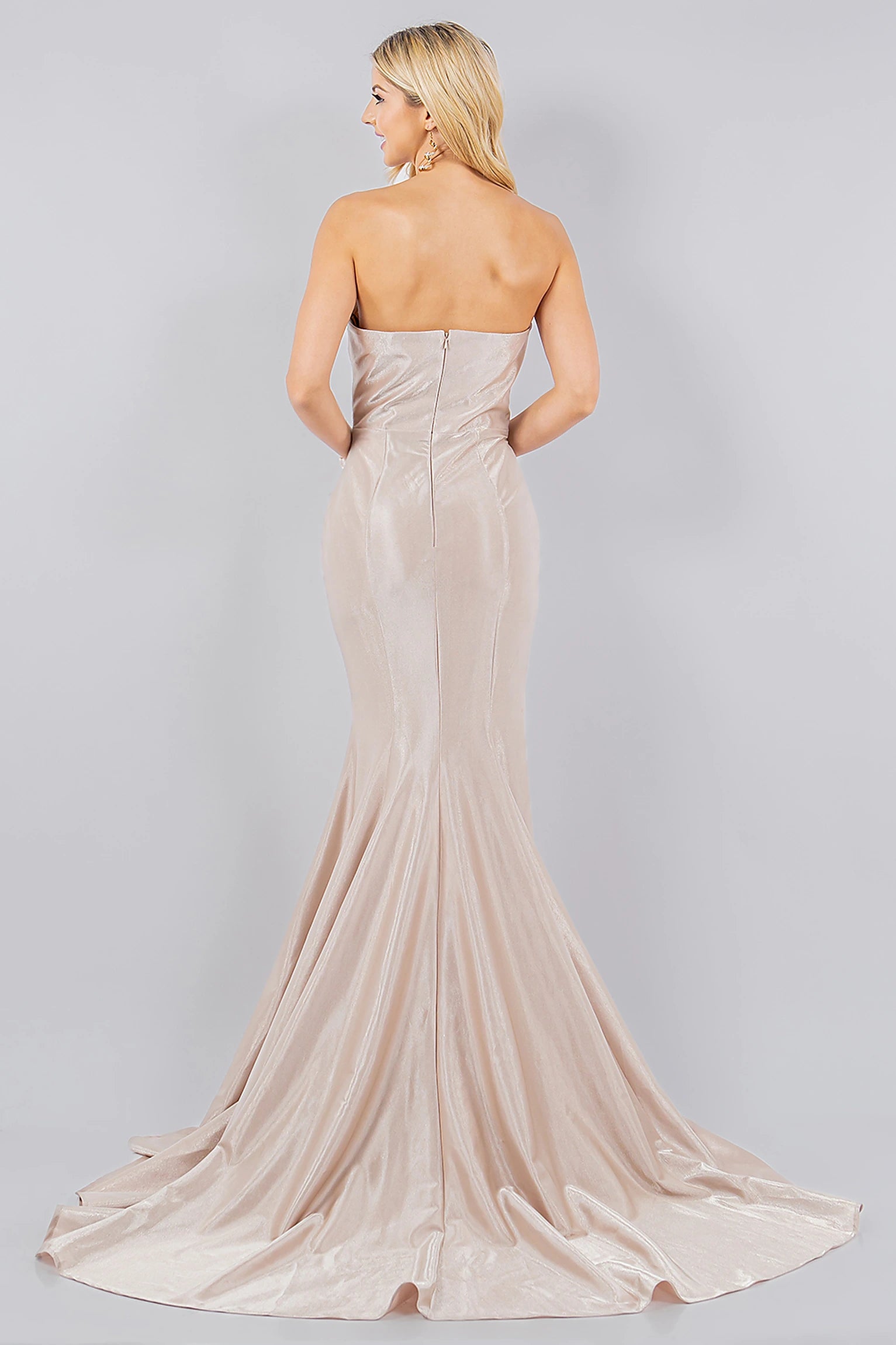 Champagne prom dress designed with glossy stretch satin and zipper closure