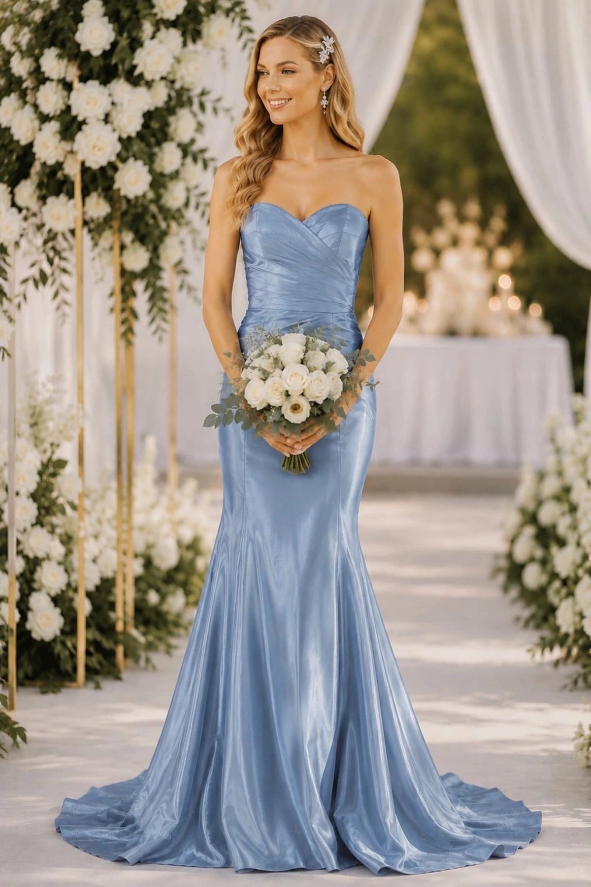 Bodice close-up highlights Dusty Blue satin mermaid-style gown with a sweetheart neckline and a slight train.