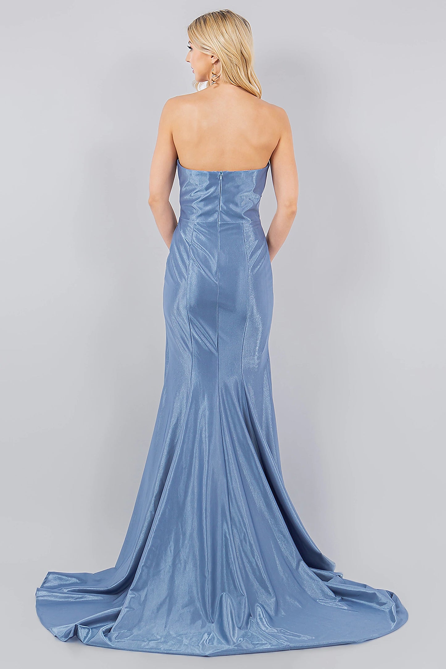 Dusty Blue prom dress designed with glossy stretch satin and zipper closure