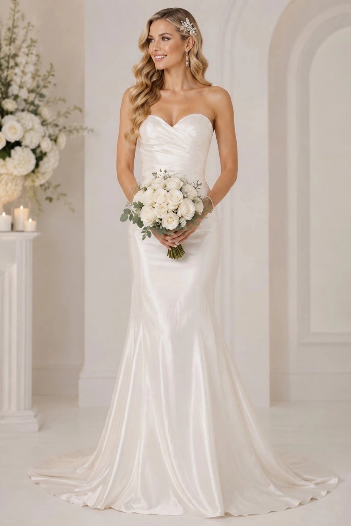 Bodice close-up highlights strapless ivory satin wedding gown with a sweetheart neckline and a long train.