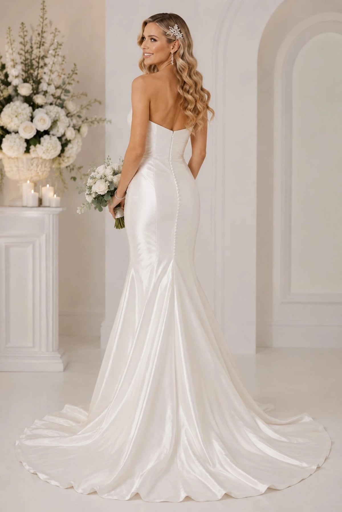 Back detail shows Ivory satin mermaid-style wedding gown with a fitted bodice, backless open back, and long train.