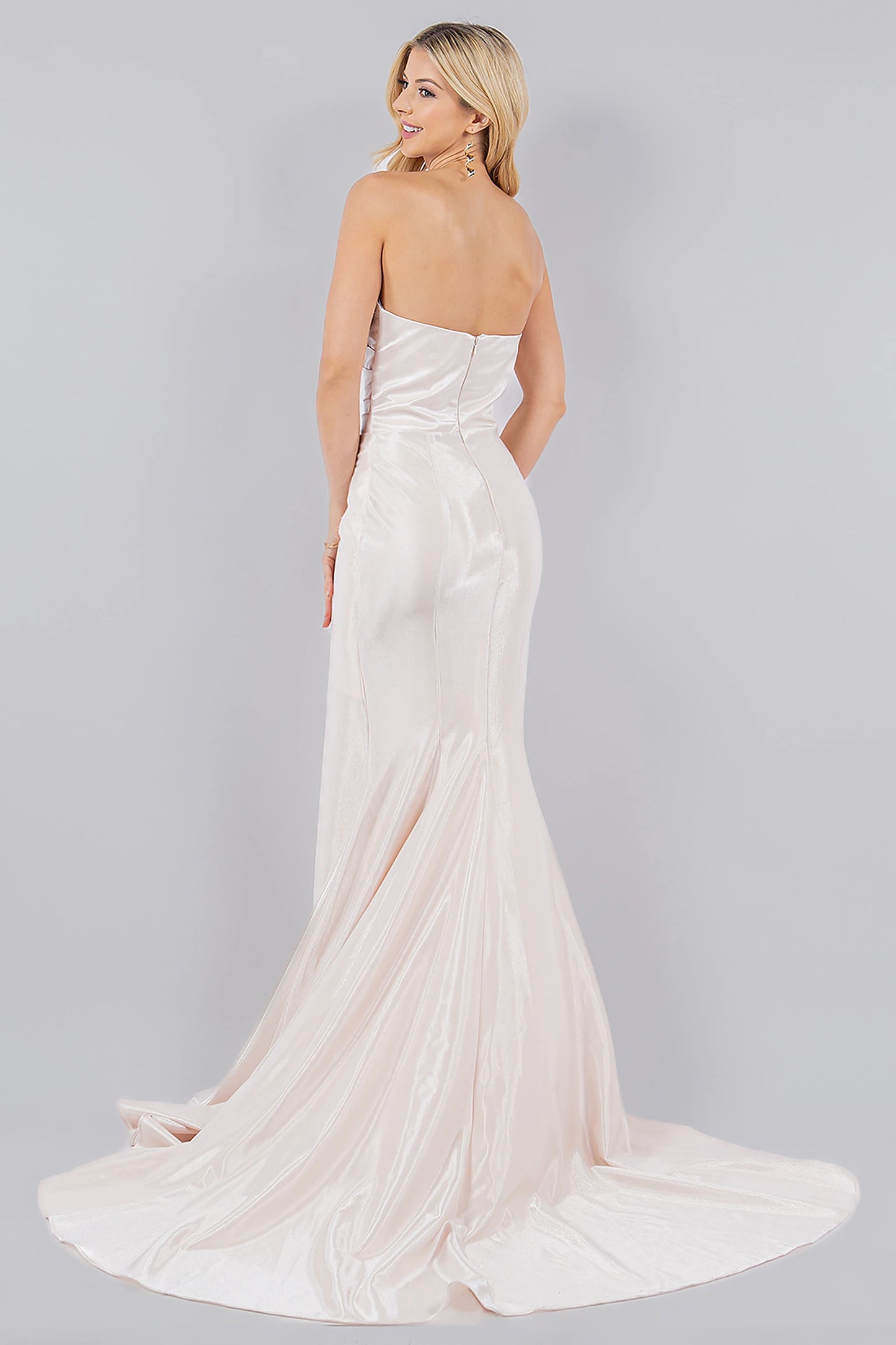 Ivory prom dress designed with glossy stretch satin and zipper closure