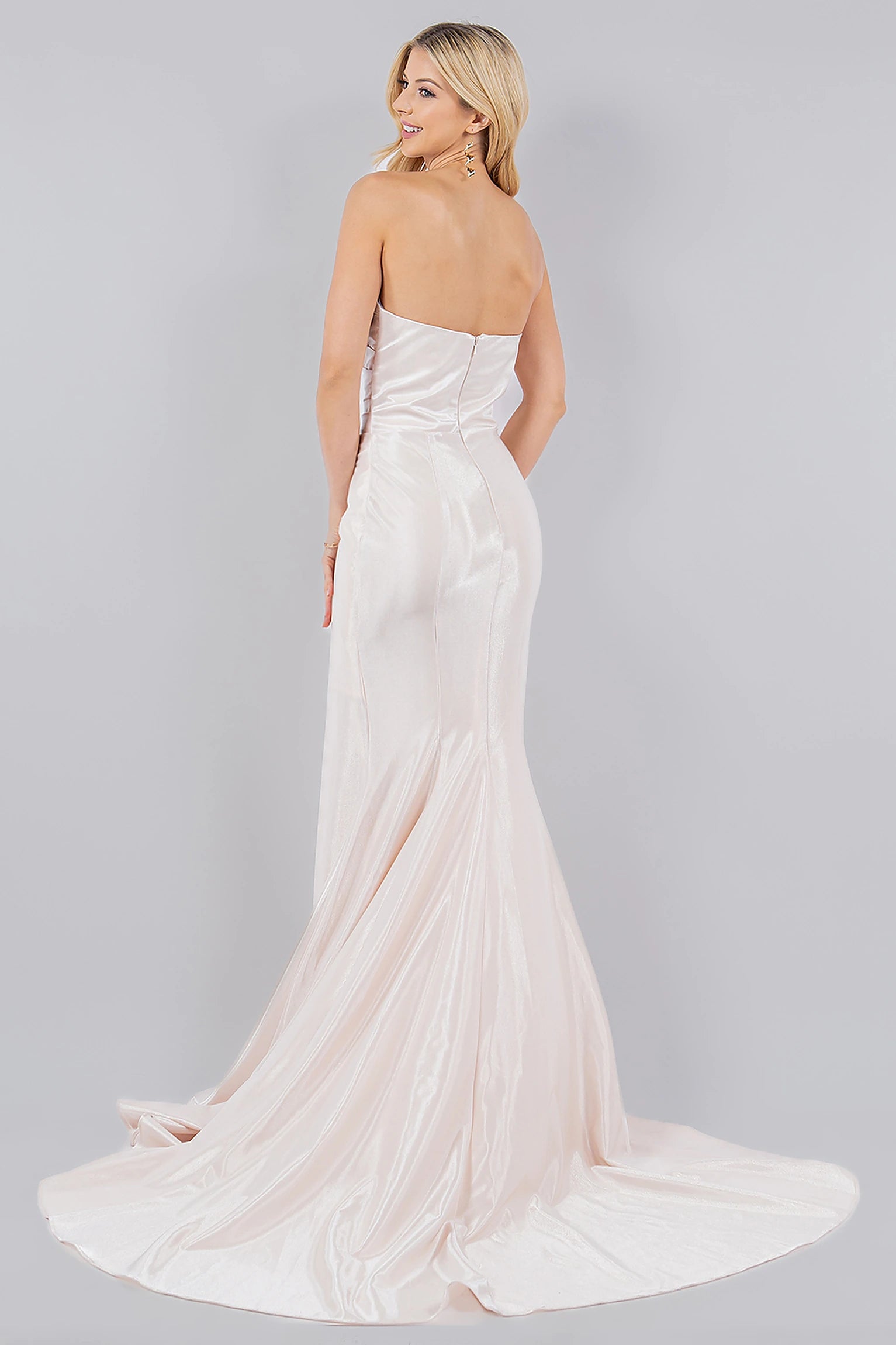 Ivory prom dress designed with glossy stretch satin and zipper closure