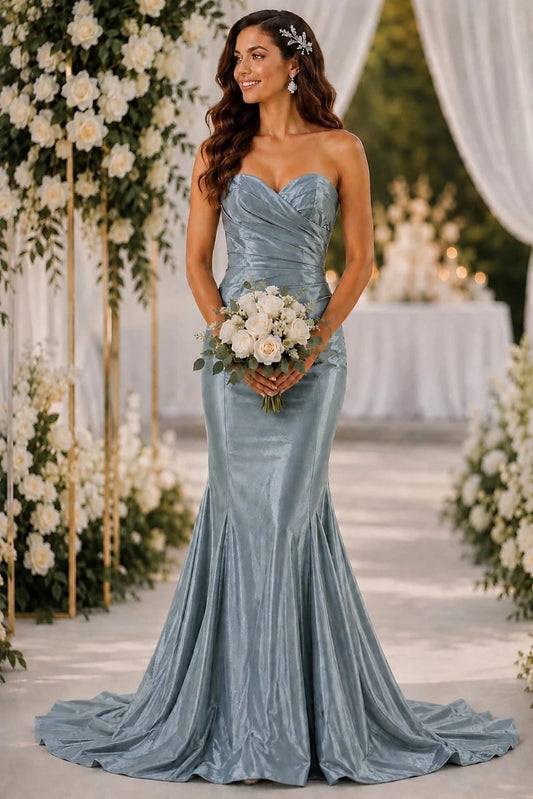 Bodice close-up highlights sage Satin Prom Dress with Pleated Bodice.