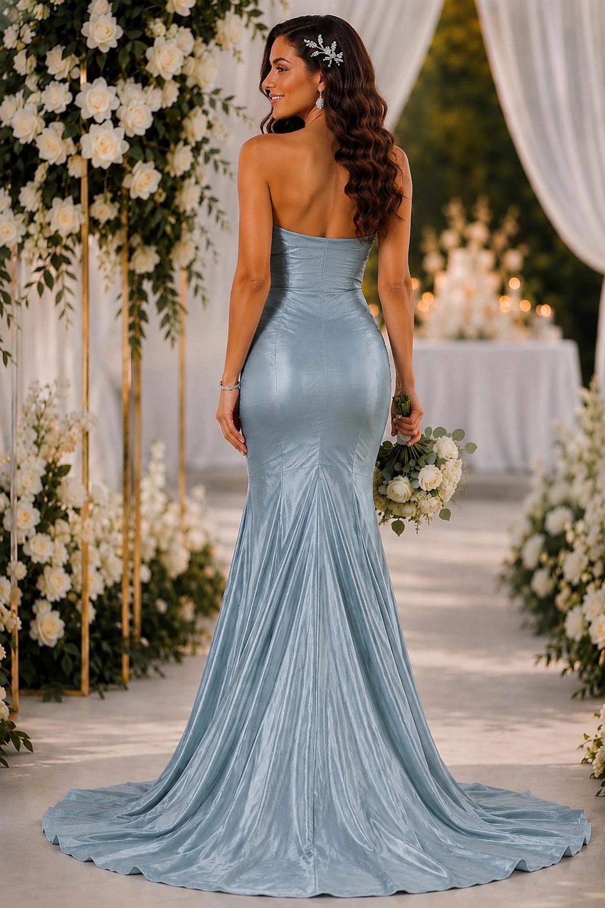 Close-up view reveals sage Satin Prom Dress with Pleated Bodice.