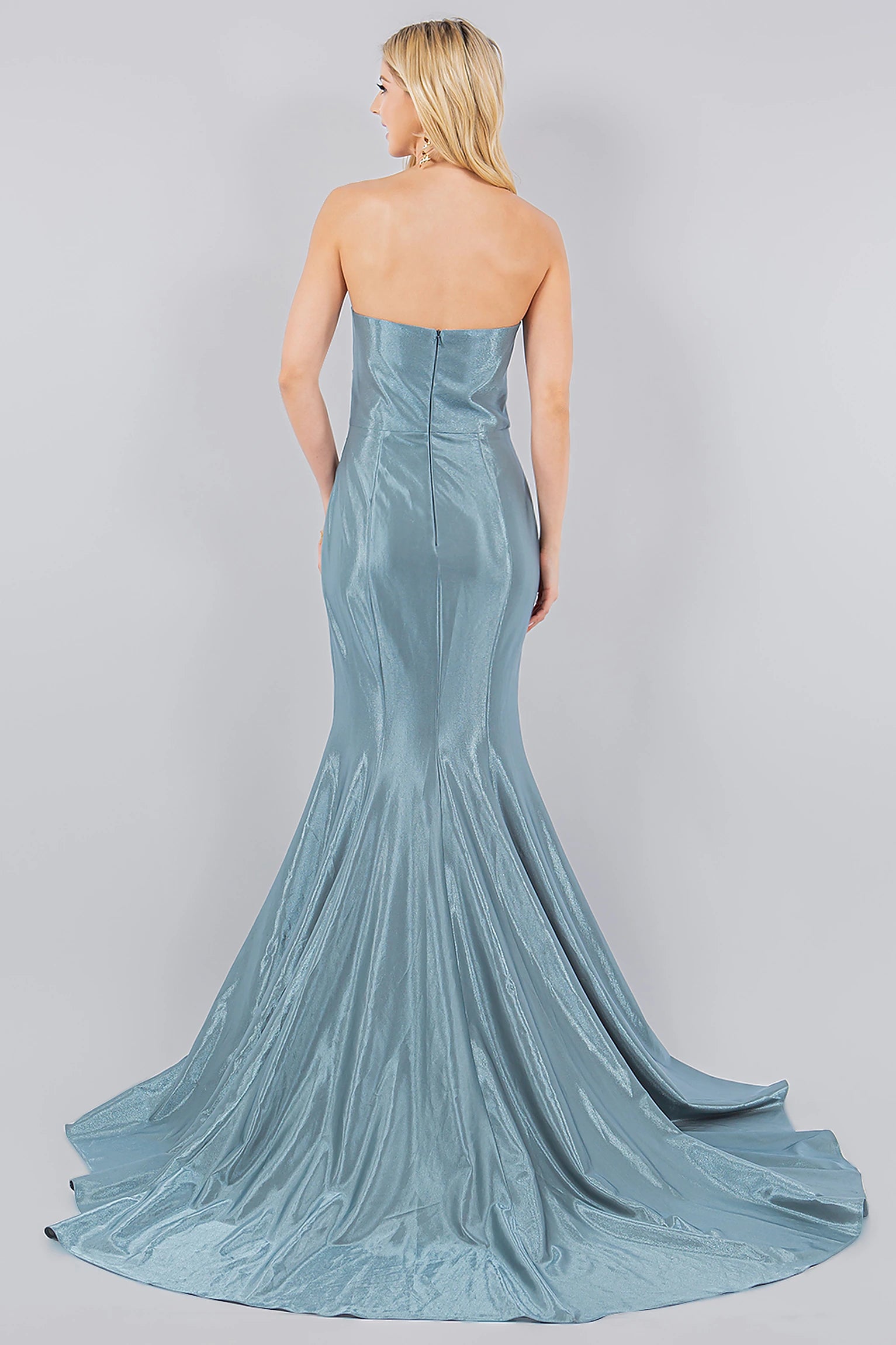 Sage prom dress designed with glossy stretch satin and zipper closure