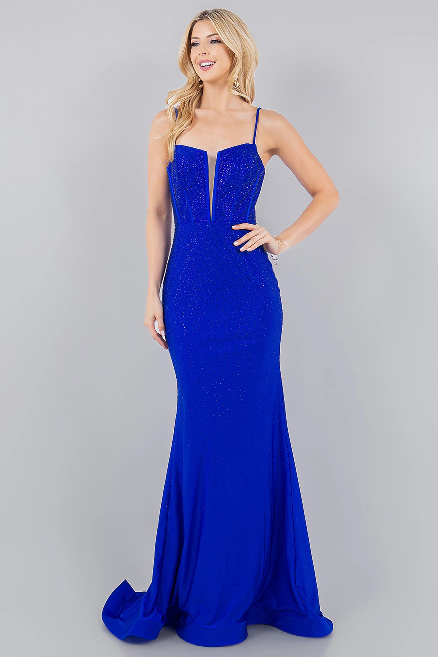 Royal Blue evening dress with Chantilly lace construction