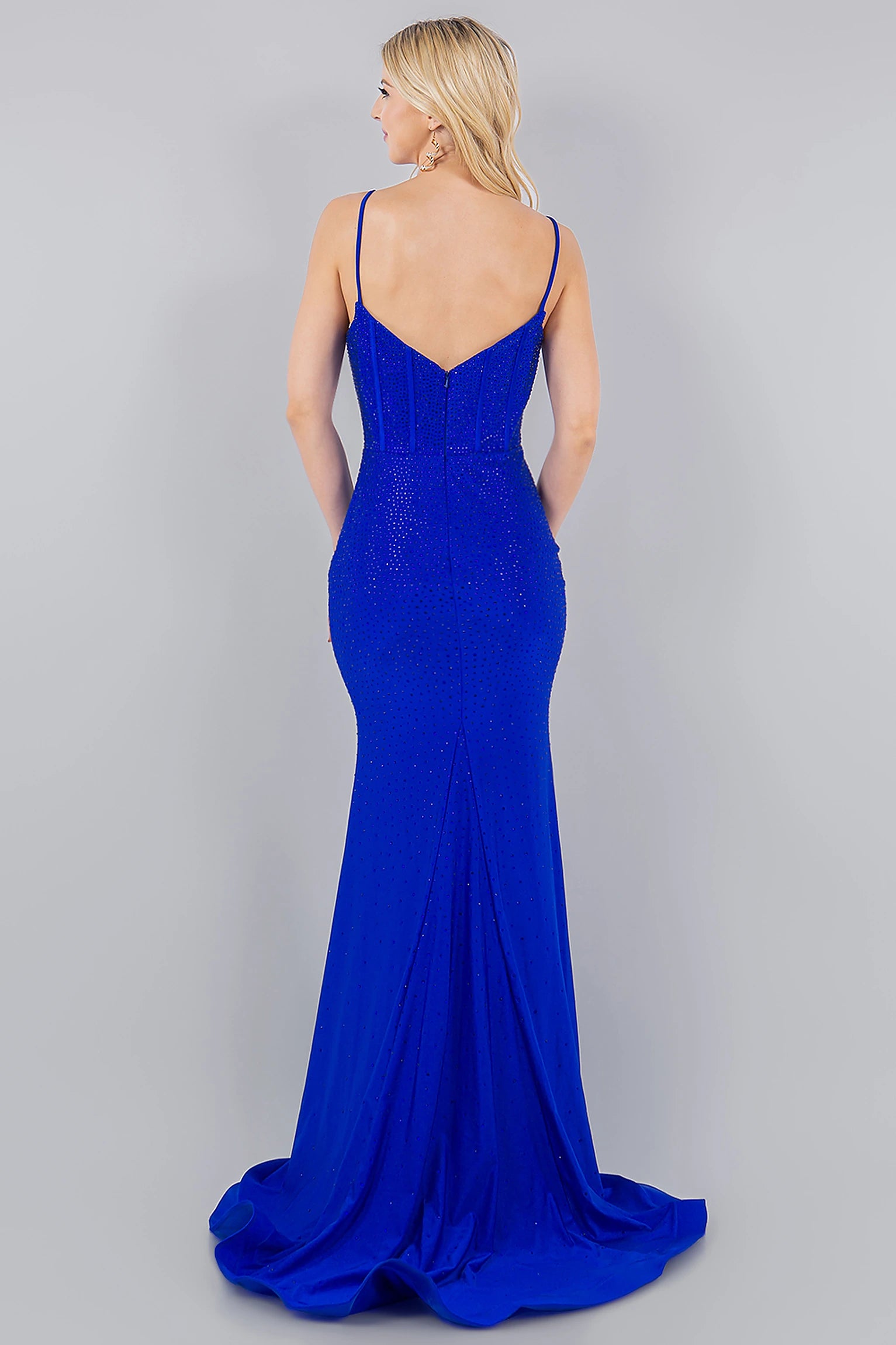 Royal Blue evening dress completed with zipper back closure for fitted finish