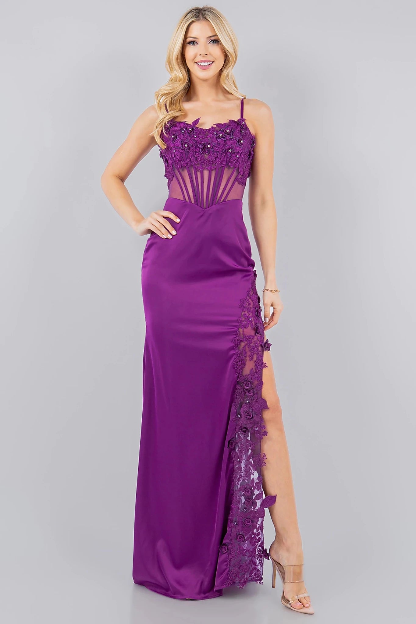 Grape spaghetti strap gown with sequin bodice and lace boned corset