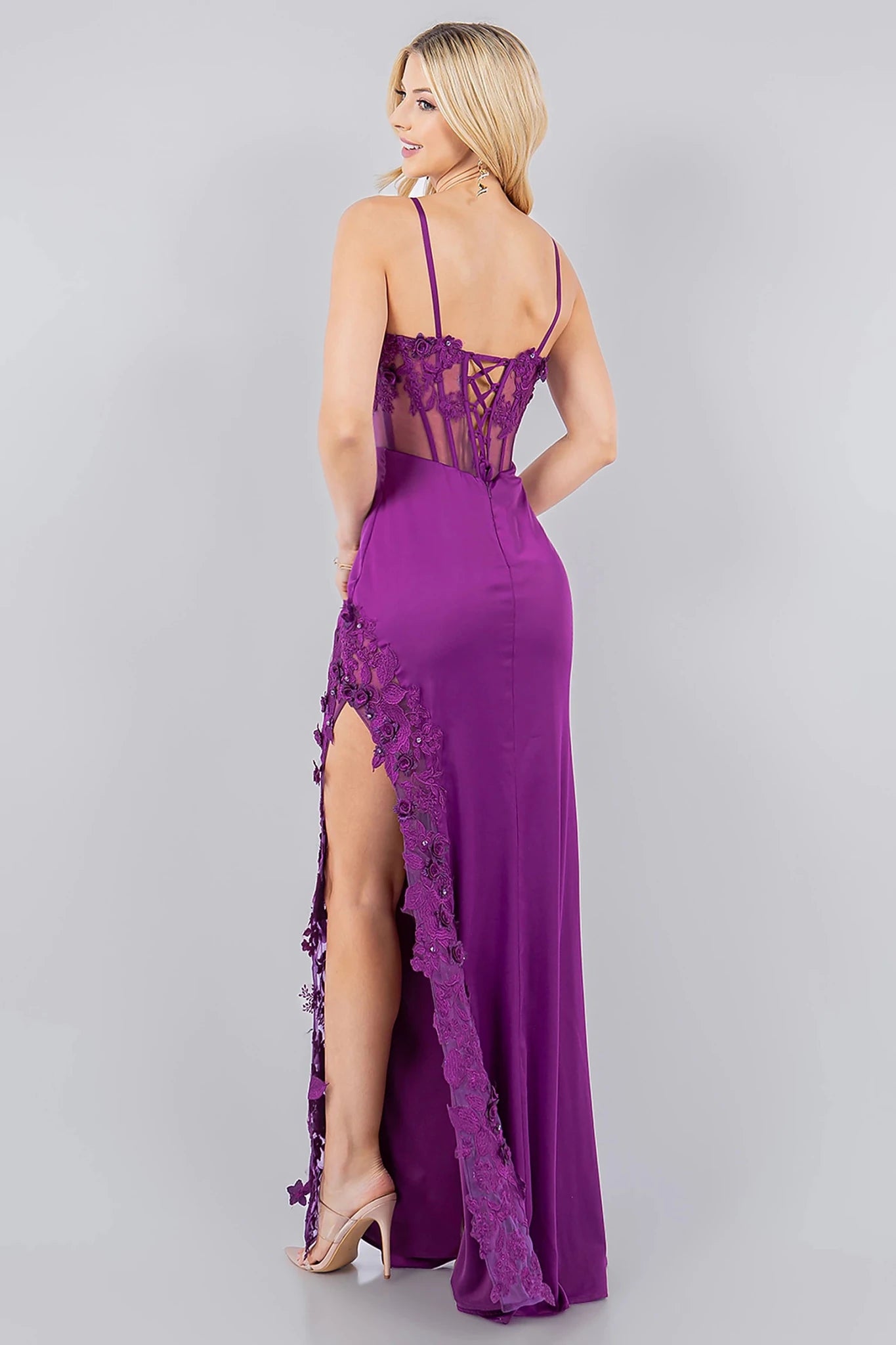 Grape spaghetti strap gown showcasing corset back closure for adjustable fit