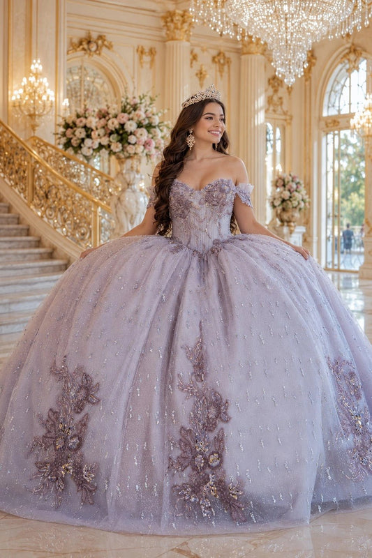 Shown in a full-skirt front view, the Mauve quinceañera dress has off-shoulder beaded bodice and floral appliques over the ball skirt.