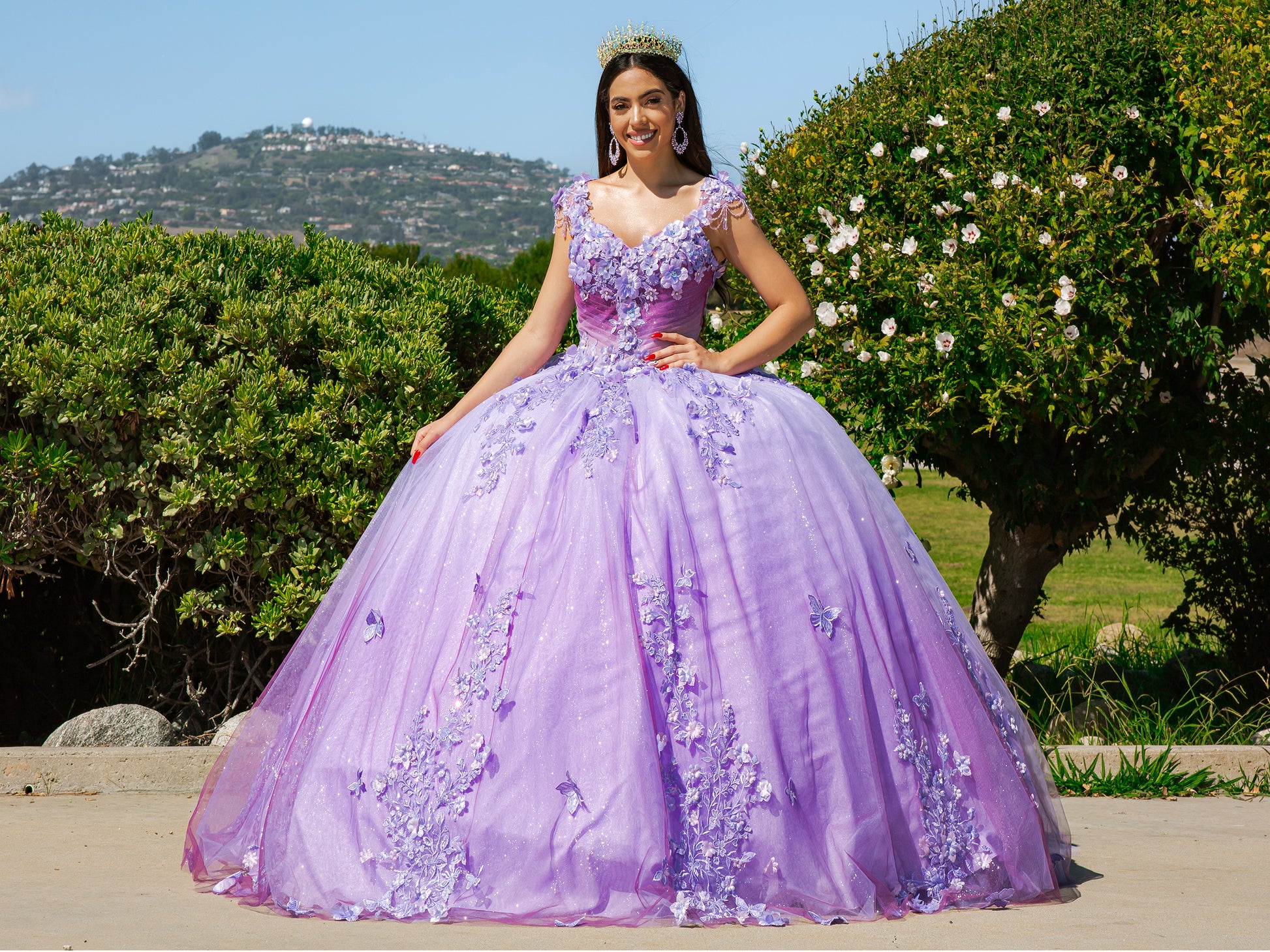 Quinceanera | Lilac Embroidered Lace Appliqué Sheer Corset and Ombre Tulle with Sweep Train Sweet 15 Ballgown | Regina dress front view