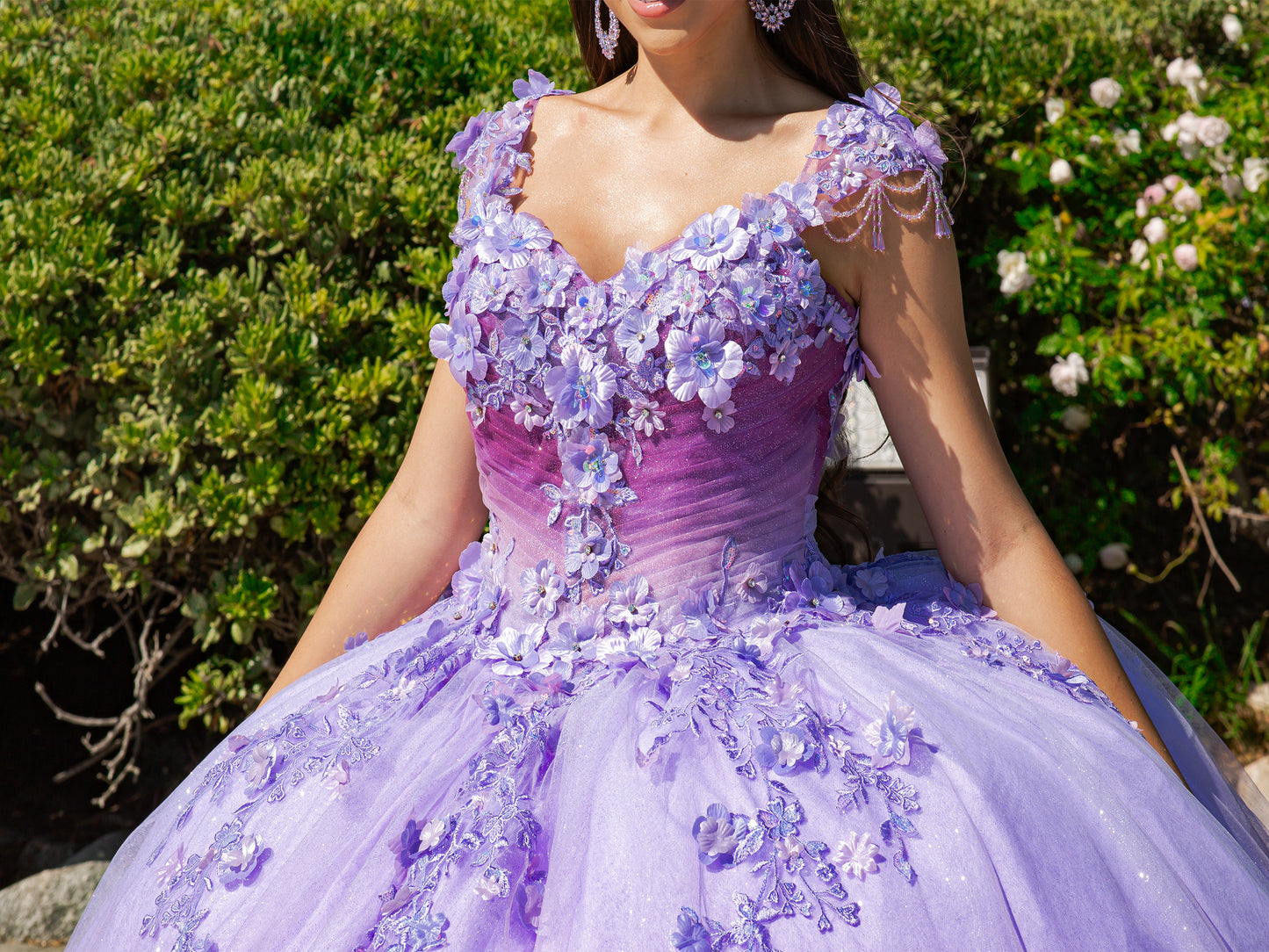 Quinceanera | Lilac Embroidered Lace Appliqué Sheer Corset and Ombre Tulle with Sweep Train Sweet 15 Ballgown | Regina dress front zoom