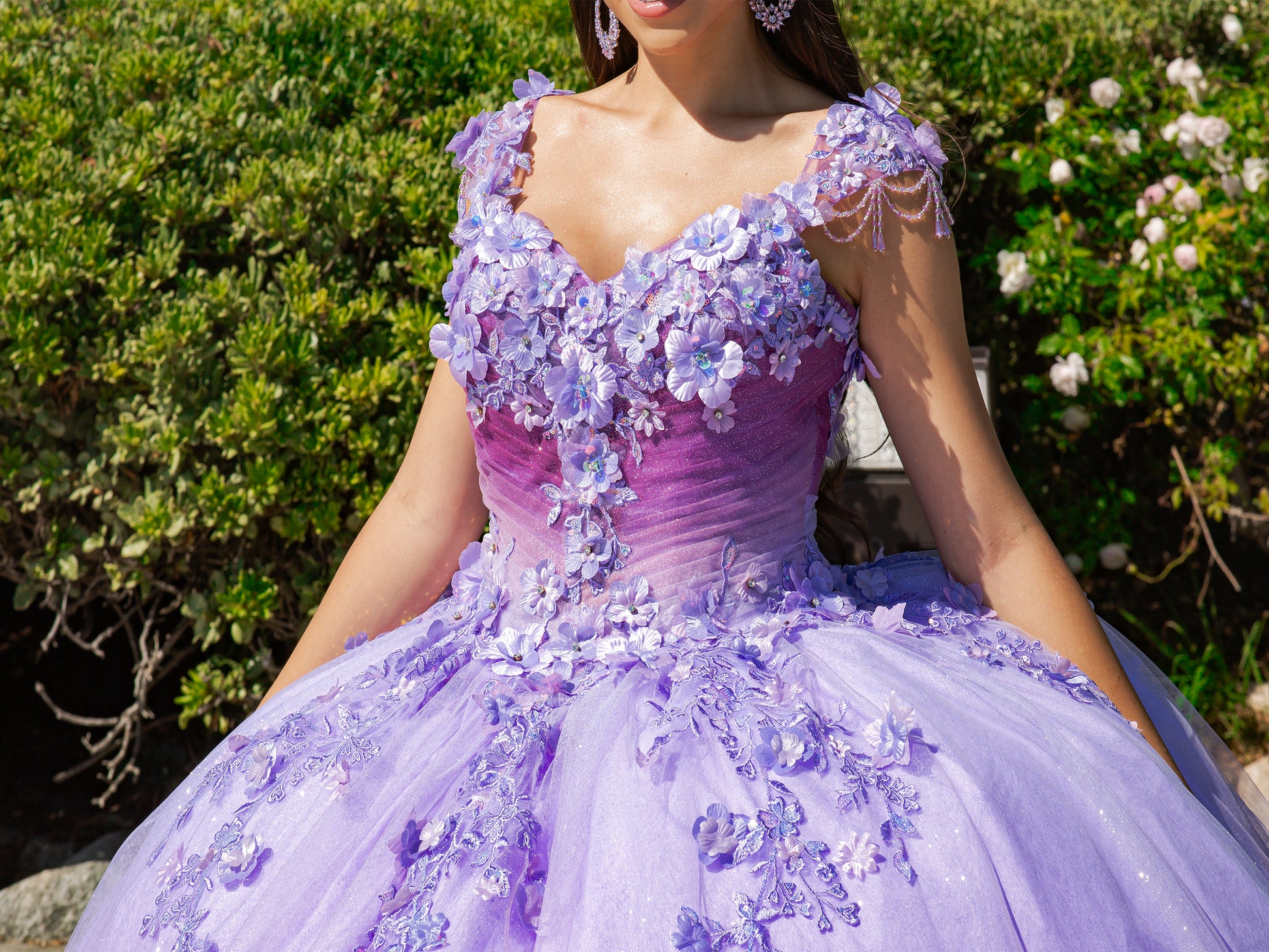 Quinceanera | Lilac Embroidered Lace Appliqué Sheer Corset and Ombre Tulle with Sweep Train Sweet 15 Ballgown | Regina dress front zoom