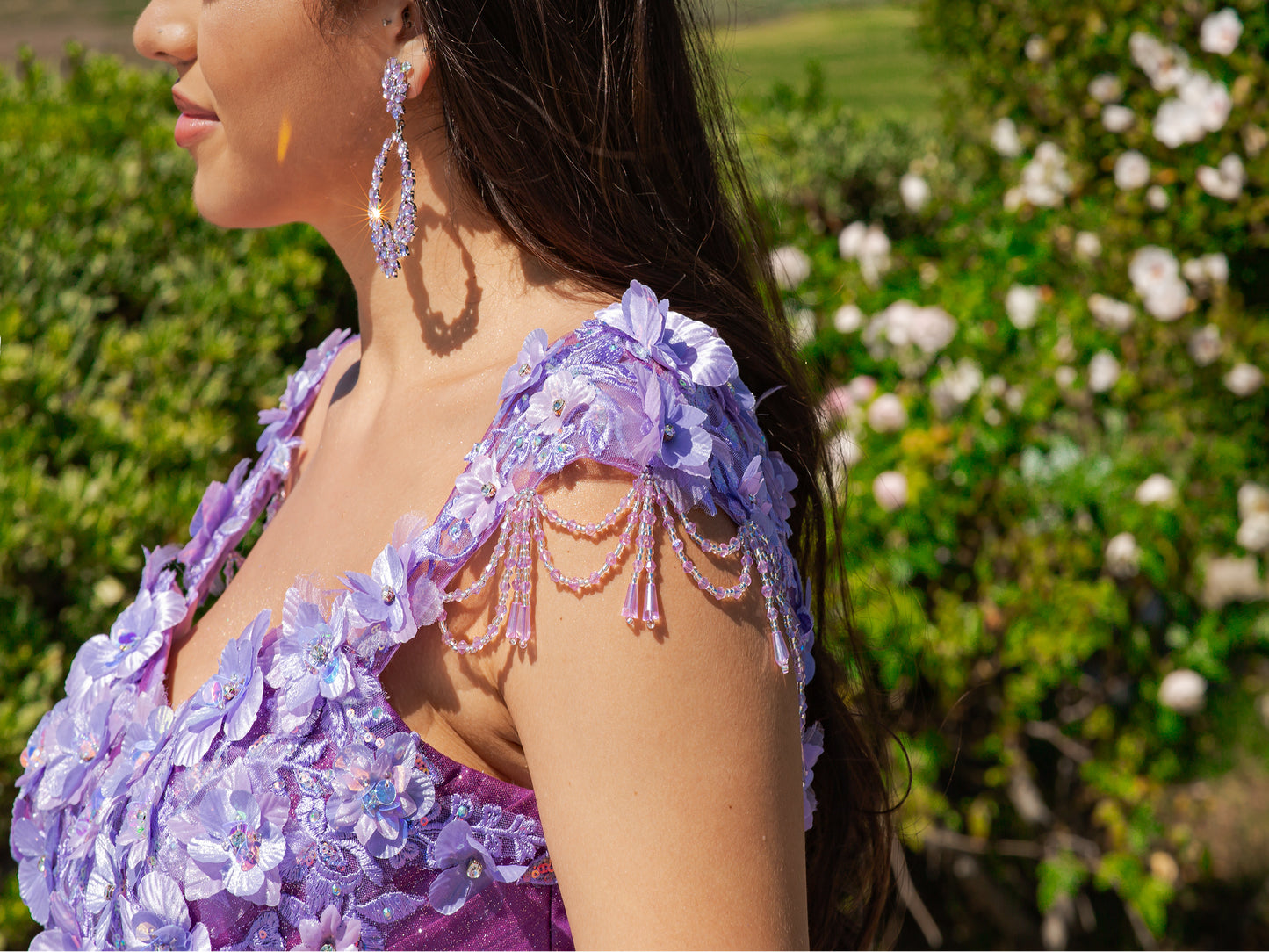 Quinceanera | Lilac Embroidered Lace Appliqué Sheer Corset and Ombre Tulle with Sweep Train Sweet 15 Ballgown | Regina dress side zoom