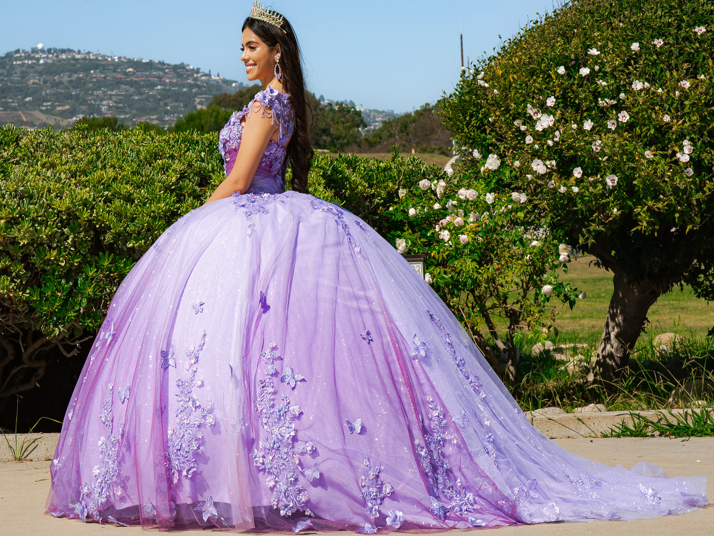 Quinceanera | Lilac Embroidered Lace Appliqué Sheer Corset and Ombre Tulle with Sweep Train Sweet 15 Ballgown | Regina dress side view