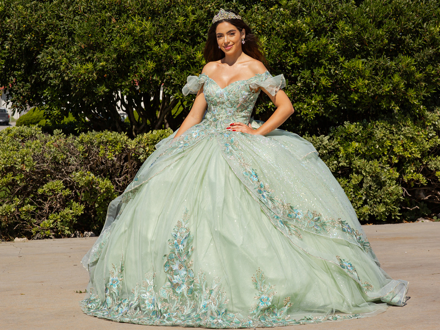 Quinceañera | Sage Off-Shoulder Illusion Corset Bodice Embellished with Sequin Lace Appliqués and Train Sweet 15 Ballgown | Valeria dress front view