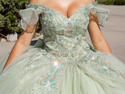 Close-up of a person wearing a sage green, embellished dress with a blurred outdoor background.