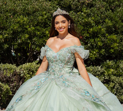 Woman in a light green formal gown with floral details outdoors.