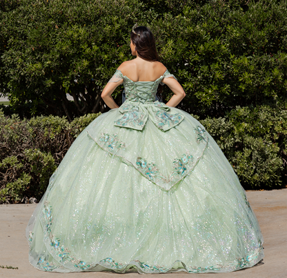 Woman in a light green ball gown with floral details standing outdoors.